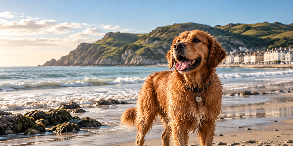 Golden retriever on the beach in Llandudno, North Wales